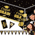 Graduation Decorations Tablecloth Set, Class of 2026 Graduation Party Supplies Gongrats Grad Tablecover Decor for High School University Graduates Party, Black and Gold Table Cloth with Banner