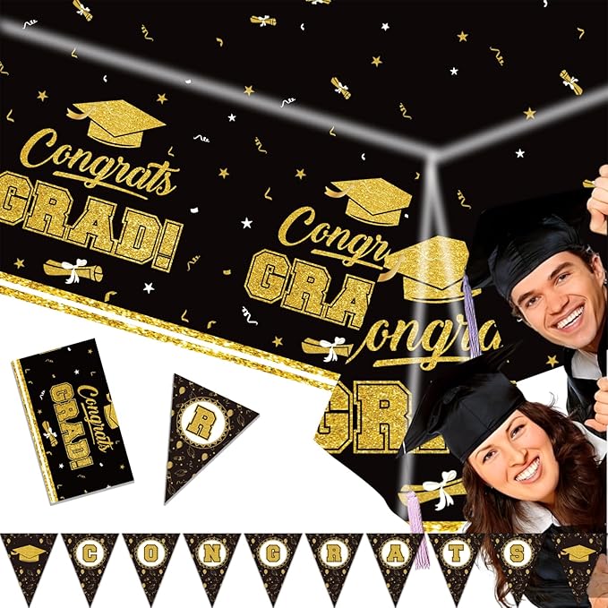 Graduation Decorations Tablecloth Set, Class of 2026 Graduation Party Supplies Gongrats Grad Tablecover Decor for High School University Graduates Party, Black and Gold Table Cloth with Banner