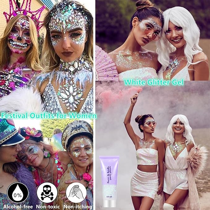 Go Ho Silver and White Body Glitter Set,Singer Concerts Face Glitter Gel Makeup,Holographic Long Lasting Chunky Sequins Glitters for Eye Lip Hair Nails,Festival Rave Accessories,Silver&White