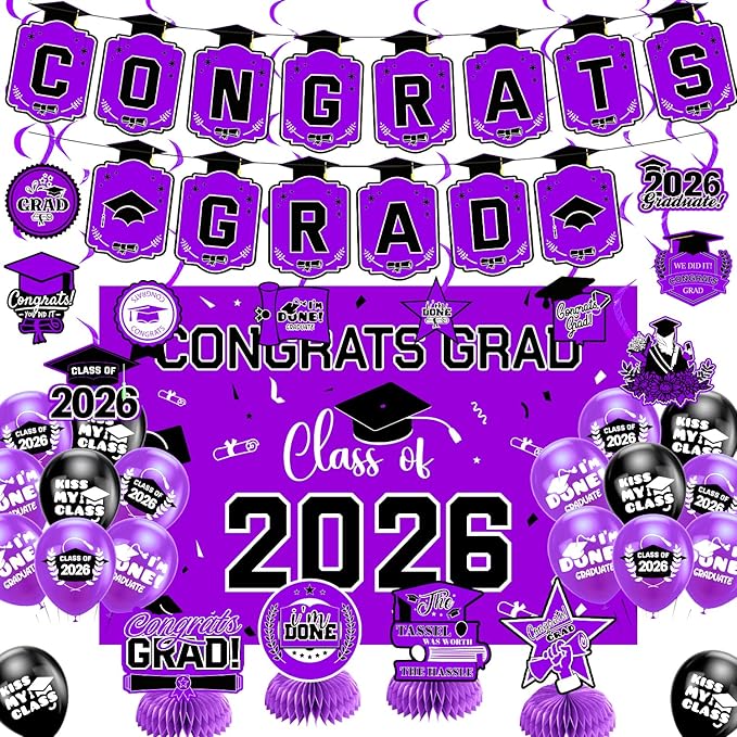 Graduation Decorations 2026 Purple Themed Set - Congrats Grad Banner, Class of 2026 Backdrop, Balloons & Streamers Kit - Complete Party Supplies for High School & College Celebrations