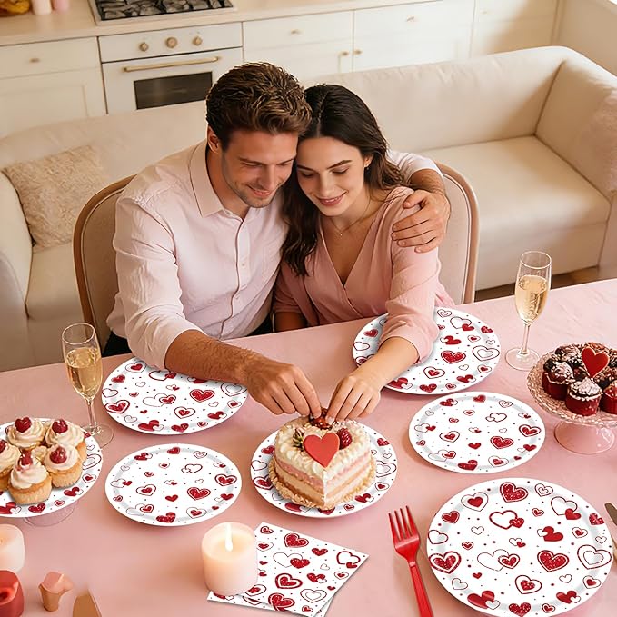 96 Pieces Valentines Day Love Plates and Napkins Party Supplies, Red Heart Disposable Tableware with Paper Plates Napkins and Forks for Valentine Day, Wedding Anniversary Party Favors - Serves 24