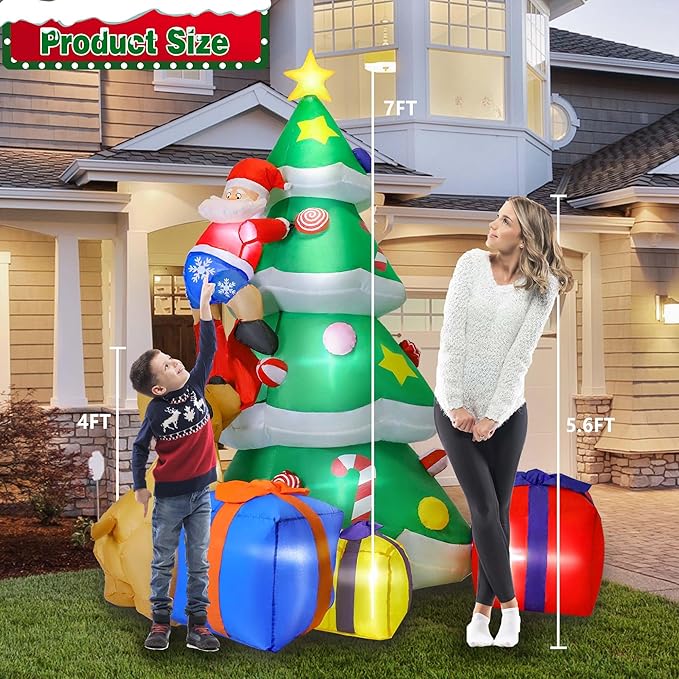 7FT Christmas Inflatable Tree Giant with Dog Bite Santa Claus 3 Wrapped Gift Boxes, Bright LED Lights Christmas Outdoor Decorations Blow Up Decor for Xmas Indoor Party Yard Patio Garden Lawn