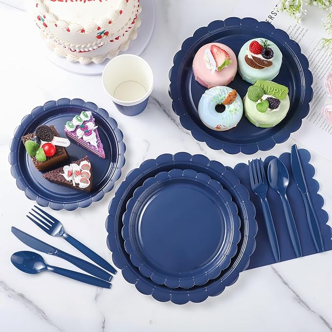 175 Pcs Navy Blue Plates and Napkins, 25 Guest Navy Blue Party Supplies Inlcudes Scalloped Plates Napkins Cups Plastic Cutlery for Birthday, Wedding, Picnic