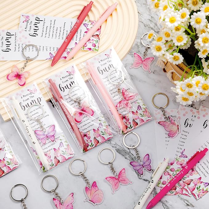 Highergo 100 Pcs Baby Shower Party Favors Bulk 50 Animal Keychains 50 Ballpoint Pens with Thank You Cards Gender Reveal Gift for Guest Baby Shower Souvenir Prize(Butterfly)