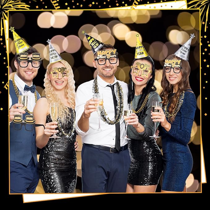 Gueevin 422 Pcs New Year's Eve Party Supplies Kit 2026 for 120 Guests, Including Happy New Year Banner & Backdrop, 60 Blowouts, 60 Squawkers, 60 Horns, 60 Hats, 60 Glasses, 60 Necklaces, 60 Leis