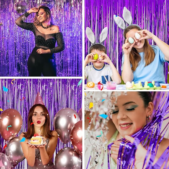 Purple Backdrop Party Decorations 3.3x8.2ft, 2 Pack Foil Fringe Curtains Door Streamers for Easter Decor, Purple Tinsel Backdrop for Demon Hunters Birthday Graduation Baby Shower Halloween Christmas