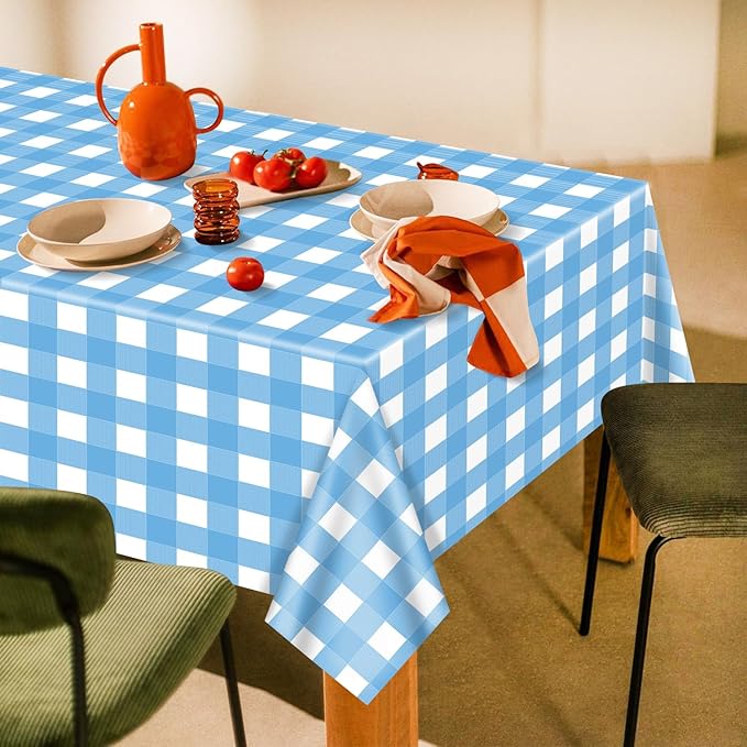 4 Pack Light Blue Gingham Tablecloths, Blue and White Checkered Tablecloths 86.6 x 51.2 Inches Rectangular Waterproof Picnic Table Covers for Birthday Party Holiday Outdoor Supplies