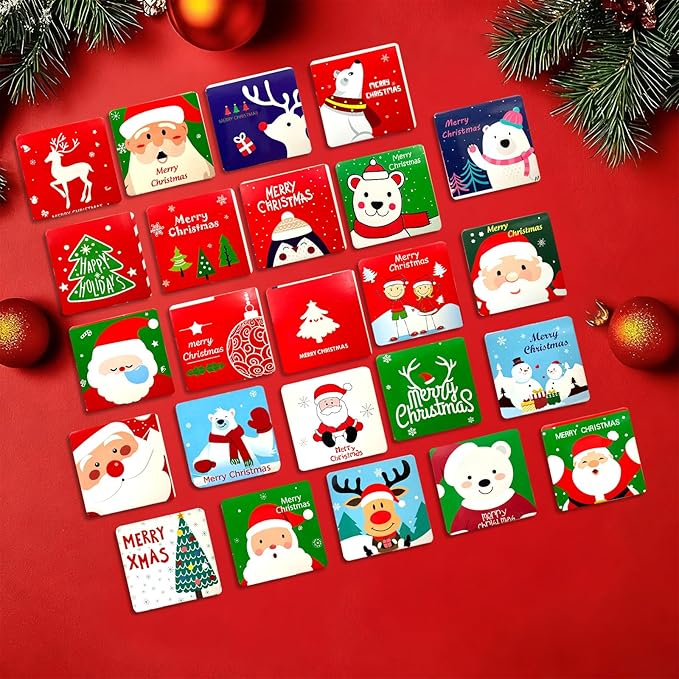 24 Christmas card with Envelopes& Sticker categories, holiday cuteness multiple loose cards with envelopes and written blessing messages, can be given to friends, family, children, boys and girls (Red)