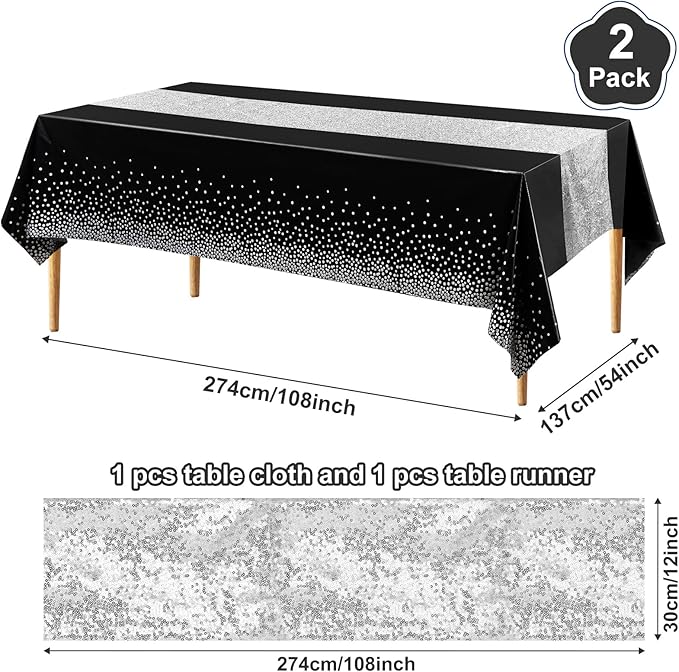 Irenare Tablecloth and Sequin Table Runner Set Polka Dots Confetti Table Cover Dining Plastic Tablecloths Glitter Decorations for Birthday Wedding Anniversary Party Supplies(Black, Silver,2 Pcs)