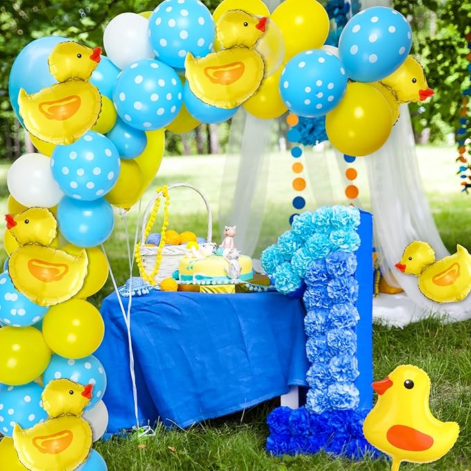 HyDren 113 Pcs Yellow Duck Balloon Arch Garland Kit 12 10 5 Inch Blue Yellow White Latex Balloons Mini Foil Balloons for Baby Shower Decorations rubber duck Themed Birthday Party Supplies