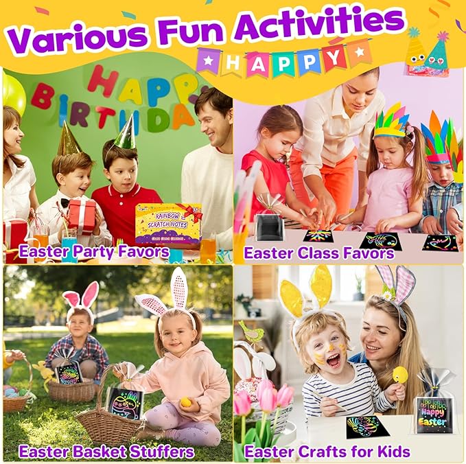 FUNNYB&G 240 PCS Rainbow Scratch Paper Art Kit for Kids, Easter Party Favors Goodie Bags Stuffers, Bulk Birthday Classroom Gifts Easter Basket Stuffers for Girls Boys Ages 4-12
