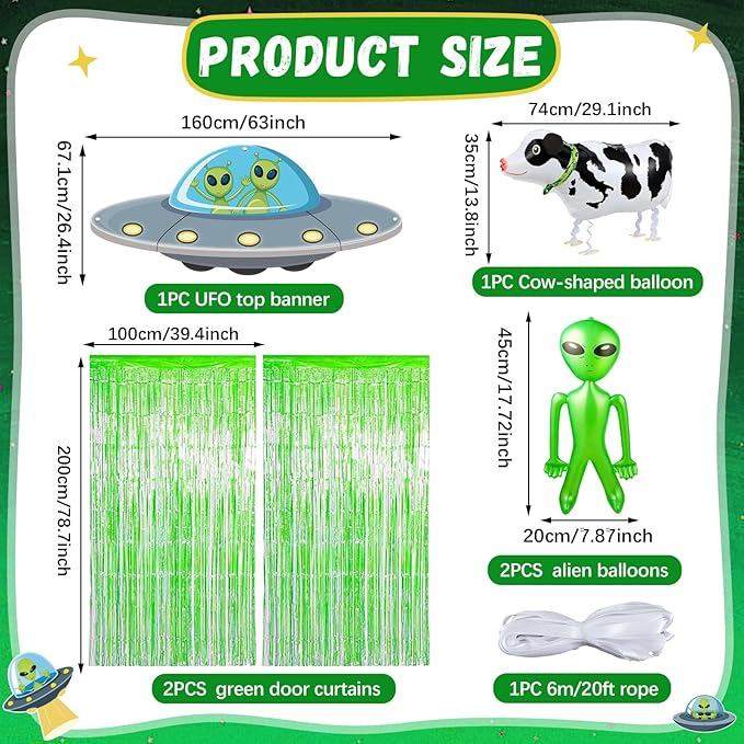 Alien Door Curtains with Tinsel Foil Fringe Curtain Alien Cow Balloon Party Decorations UFO Spacecraft Flying Saucer Spaceship Hanging Banner Backdrop for Birthday Baby Shower Wall Door Decor (Green)