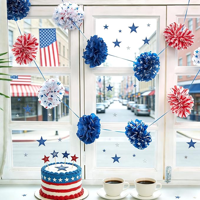 Homarkable Blue Red Tissue Paper Pom Pom Garlands, Tissue Flower Garland for Birthday Decorations, Baby Shower, Spring Summer Party Decorations