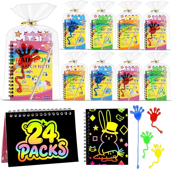 24*3 Pack Scratch Art Notebook+Sticky Hands+Stickers,Party Favors for Kids 4-8-12,Return Gifts for Birthday Party,Easter Basket Stuffers,Classroom Prizes Bulk Gifts for Students