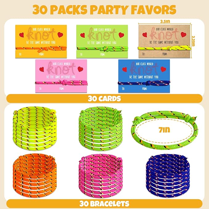 Valentines Day Gifts for Kids Classroom from Teacher to Student - 30 Pack Bulk Knot Friendship Bracelet Valentines for 3rd 4th 5th Grade, Non Candy Valentine Party Favors for School Class Exchange
