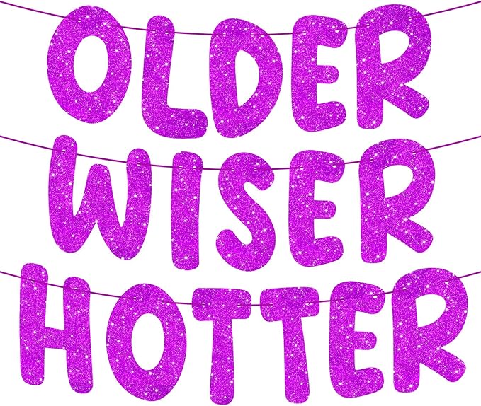 Pre-Strung Happy Birthday Banner Birthday Sign NO DIY Glitter Older Wiser Hotter Banner for Women Men 30th 40th 50th 60th 70th 80th Funny Purple Birthday Decorations (Purple)