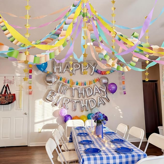 Gueevin Fancy Birthday Decorations Pastel 600 Sheets Paper Chain Garland 2 Pack Gold Star Curtains 492 ft Pastel Crepe Paper Streamers Party Decor for Rainbow Birthday Fancy Party Supplies