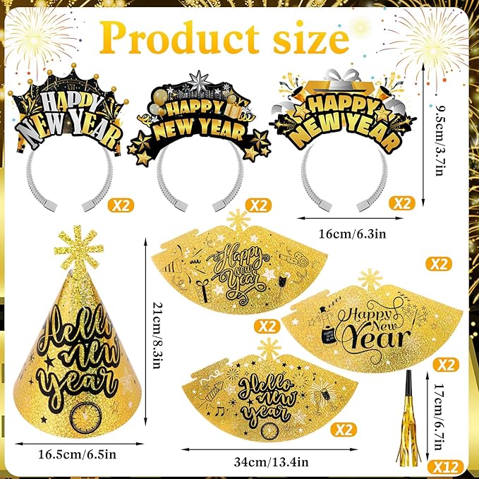 HOWAF New Years Eve Party Supplies 2026, Happy New Years Party Favors Headband Cone Hats Glitter Paper Eyeglasses Noise Makers Laser Gold New Year Decorations 2026 for NYE Favor Accessories 36pcs
