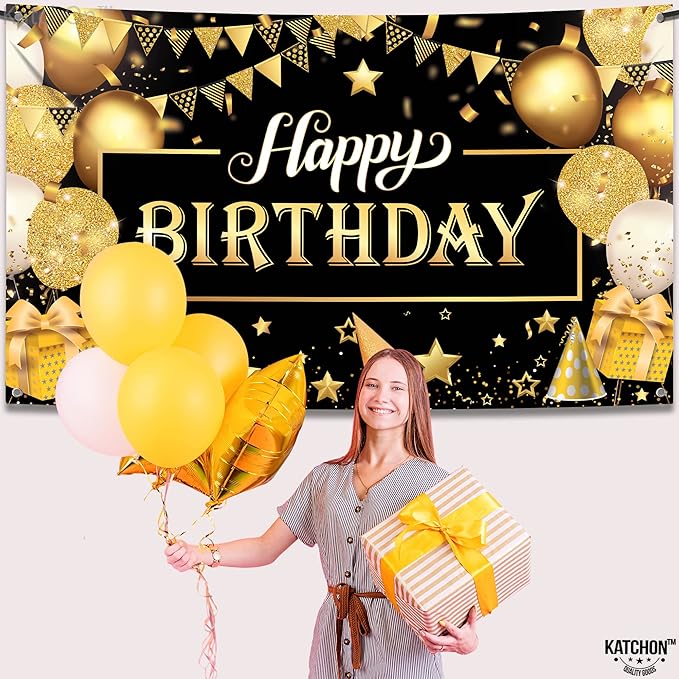 KatchOn, Happy Birthday Banner Black and Gold - Large 72x44 Inch | Happy Birthday Decorations for Men and Women | Black and Gold Birthday Backdrop | Birthday Party Decorations for Men & Women