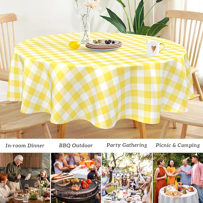 Mulbozy 2 Pcs Yellow Gingham Round Tablecloth, 84 inches Disposable Plastic Yellow and White Checkered Circle Table Covers for Baby Shower Wedding Bridal Shower Birthday Party Decorations