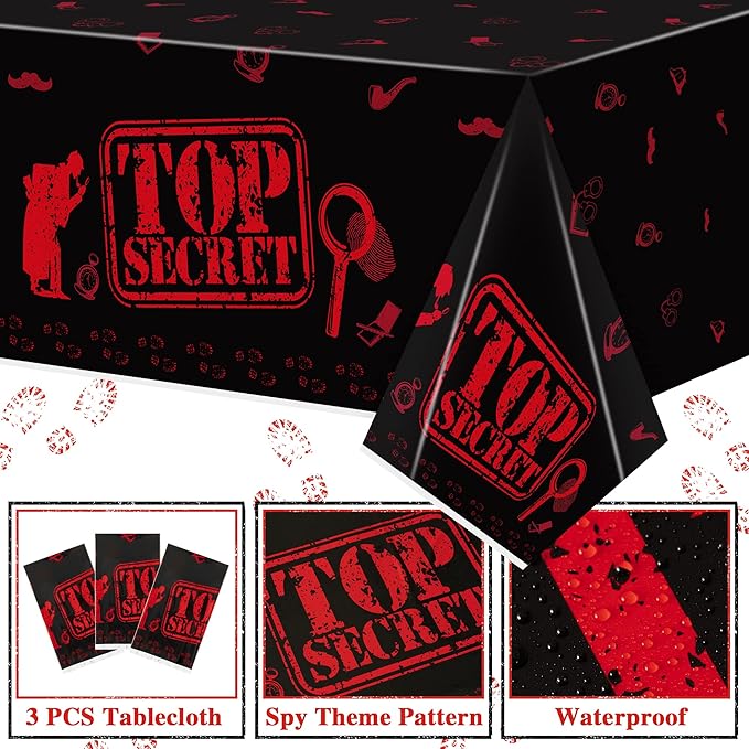 K1tpde 3PCS Spy Party Tablecloths for Kids Birthday Secret Agent Theme Table Covers Spy Plastic Table Cloth Secret Themed Party Decorations for Boys