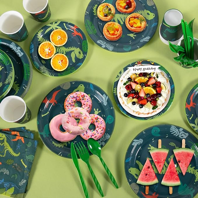 Dinosaur Birthday Decorations, 170 Pcs Dinosaur Party Supplies Including Banner, Plates, Cups, Napkins, Cutlery and Tablecloths, Serves 24