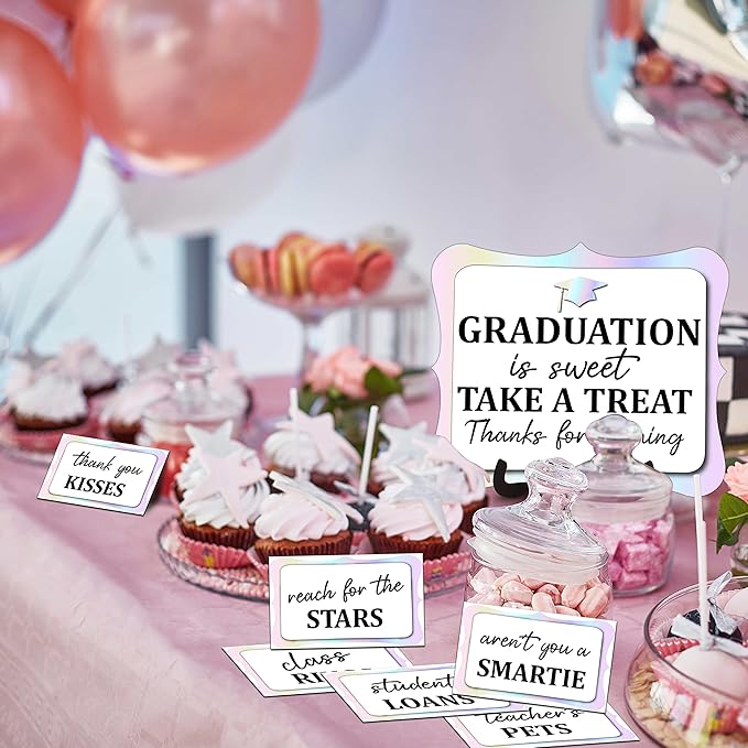 20PCS Graduation Candy Buffet Labels, 1 Colorful Candy Buffet Table Sign with Stand, Catering Supplies Display for Graduation Decorations Class of 2026 -A03
