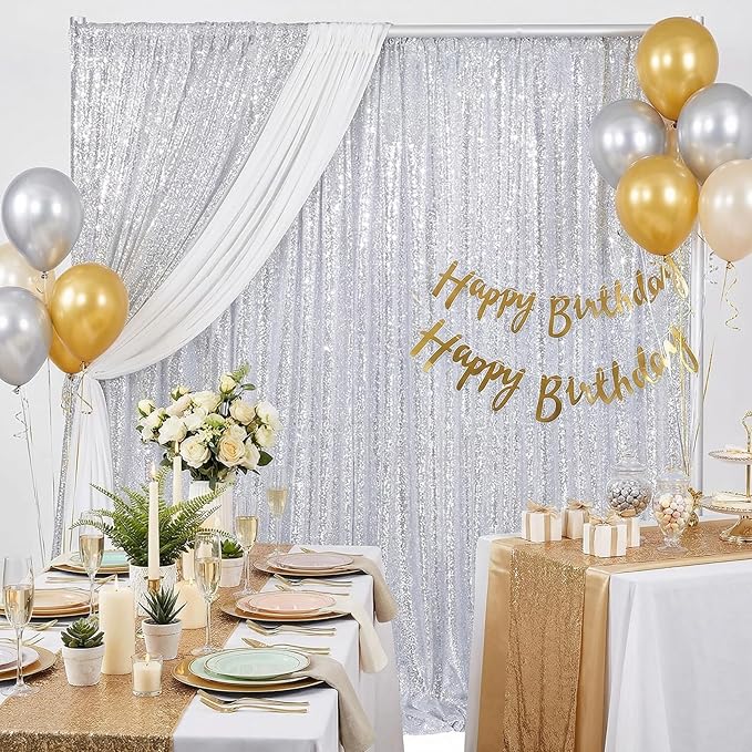 B-COOL Sequin Backdrop Curtains 2 Packs Silver Sparkle Backdrop 3.3ftx8ft Fabric Glitter Background Drapes for Party Ceremony Wedding Birthday Decoration