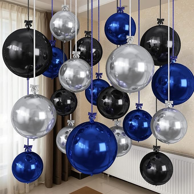Togvu Black Blue Silver Round Balloons, 15PCS Different Sizes 4D Metallic Foil Balloon Large Sphere Mirror Ball Balloons for Prom Graduation New Year Birthday Party Ceiling Decorations Supplies