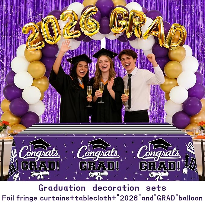 7-Pack Graduation Party Decorations Set, 3 Purple Graduation Tablecloths 54x108in, 2026 and Grad Balloons, 2 Foil Fringe Curtains for High School College Graduation Party Photo Booth