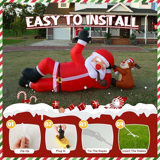 JOYHALO 8FT Christmas Inflatable Lying Santa and Reindeer Outdoor Decorations, Blow Up Yard Decorations with Bright LED Lights, Giant Christmas Inflatables for Roof Indoor Lawn Party Decor