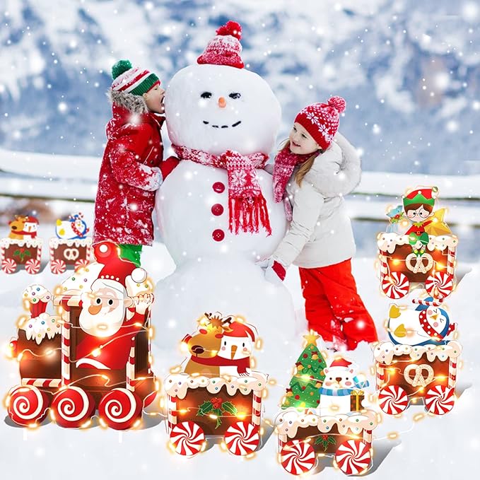 Christmas Train Decorations Yard Signs with LED Lights - Christmas Tree Snowman Train Set Lawn Signs with Stakes for Holiday Xmas Lawn Garden Yard Decorations Outdoor, 5 Pack