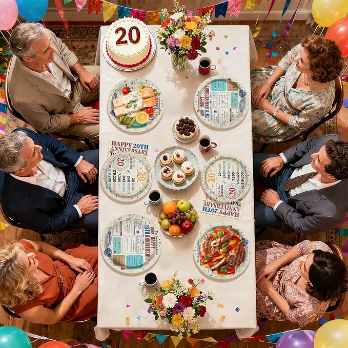 96Pcs 20th Anniversary Party Decorations Retro 20 Years Plates and Napkins 20th Anniversary Disposable Tableware Set for Vintage 20 Year Wedding Company Party Supplies Serves 24