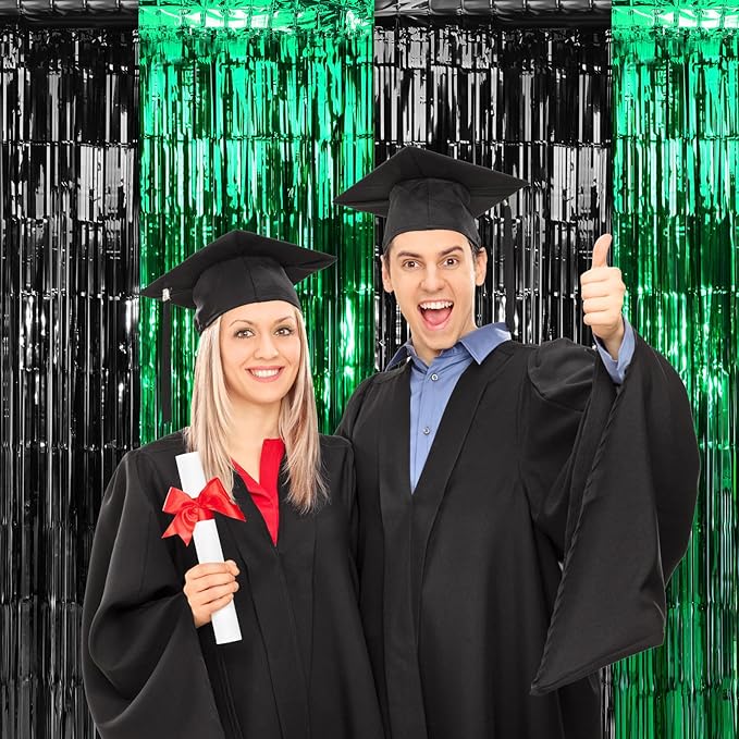 6Pack 3.3Ft x 6.6Ft Graduation Foil Fringe Curtain Backdrop Decorations, Green Black Metallic Tinsel Foil Streamers Curtain Photo Booth Background for Graduation Prom Wedding Birthday Party Decoration