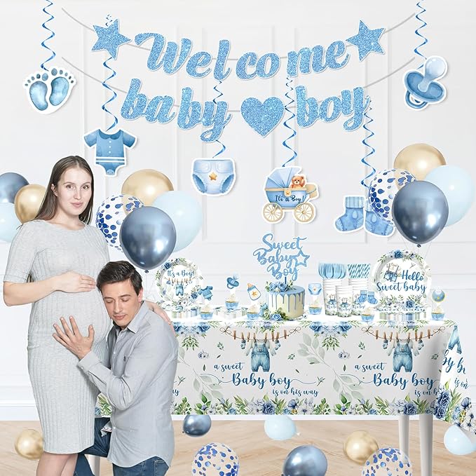 cocomigo 213PCS Blue Baby Boy Shower Decorations Tableware Set, 25 Serves Disposable Plates and Napkins Set, with Cake Topper, Centerpieces, Banner, Tablecloth, for Baby Boy Baby Shower Decorations