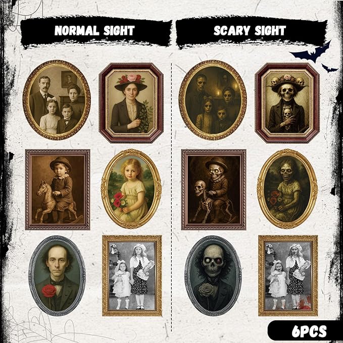 Halloween Decorations Indoor Scary Wall Decor, 6Pack 3D Changing Face Moving Picture Frames Portrait, Gothic Horror Poster Castle Haunted House Mansion Decor Decoration Party Supplies