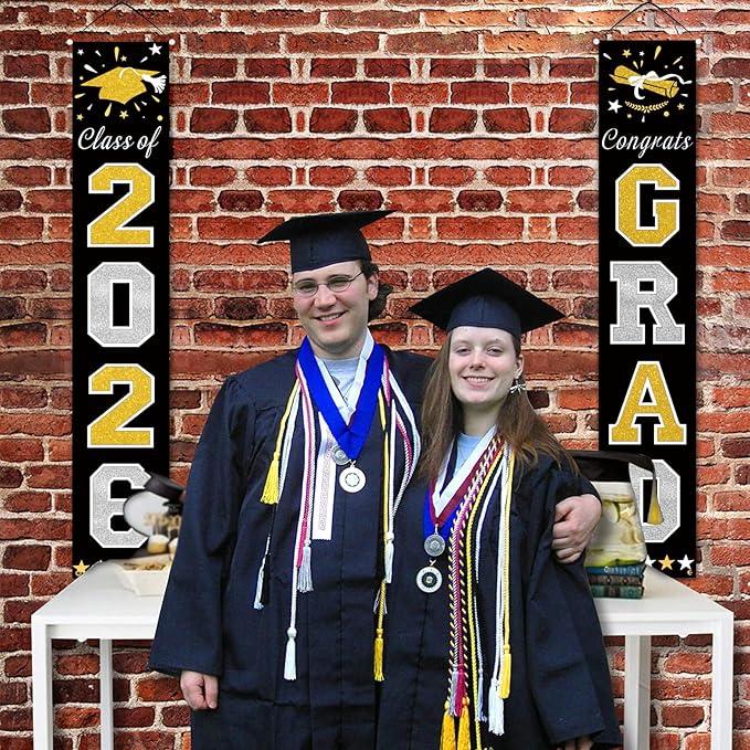DAZONGE Graduation Decorations 2026, Black & Gold Class of Decorations 2026, Graduation Porch Banners for Any Schools or Grades Party Supplies