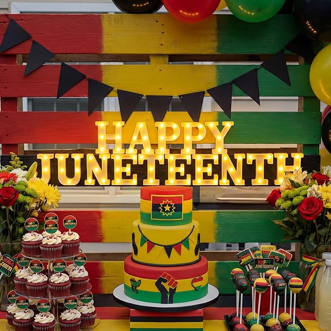 Honoson 15 Pcs 6.5 Inch Juneteenth Party Decorations Happy Juneteenth LED Letter Lights Sign Lights Table Decoration for Freedom Day American Independence June 19th 1865 Celebration Home Office Decor