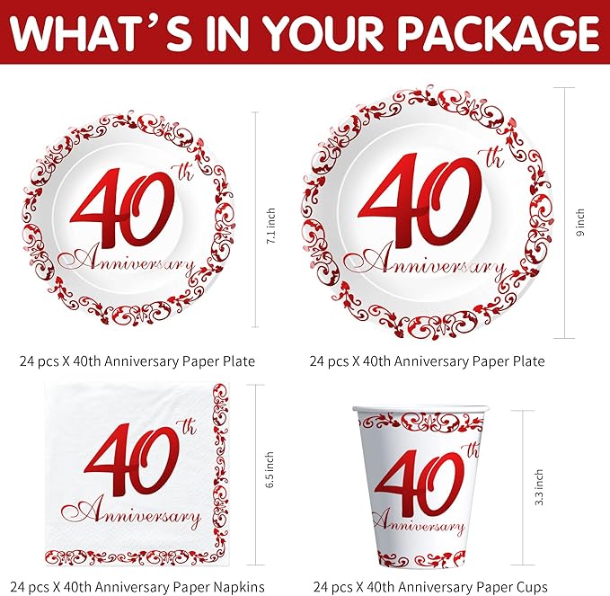 APOWBLS 40th Anniversary Plates And Cups Party Supplies - Ruby 40th Wedding Anniversary Decorations Dinnerware, Dinner Plate, Dessert Plates, Cups, Napkins | Serves 24