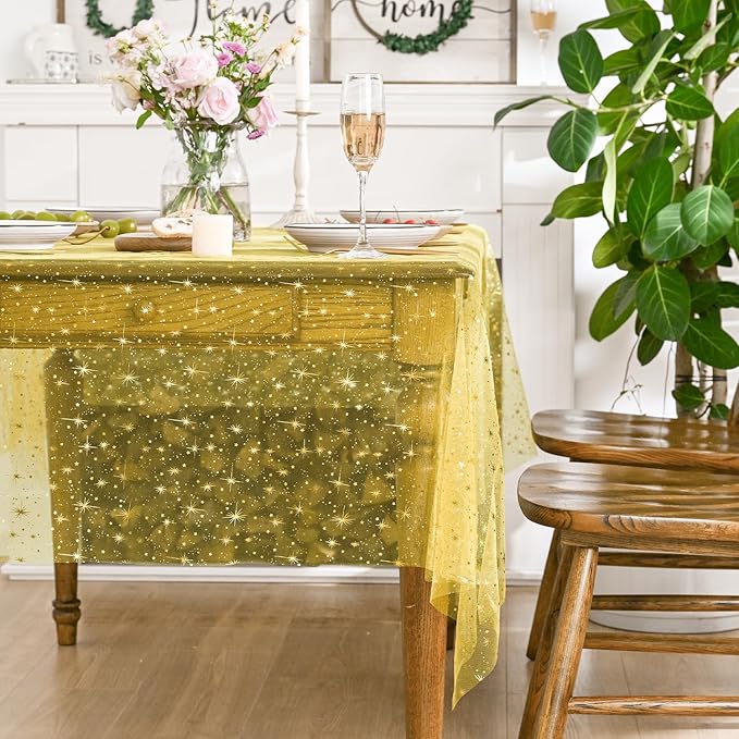 Horaldaily Yellow Gold Sparkling Star Gauze Tablecloth 60x120 Inch Rectangular, Golden Star Sequin Glitter Metallic Foil, Sheer Tulle Cheesecloth for Wedding Baby Shower Party