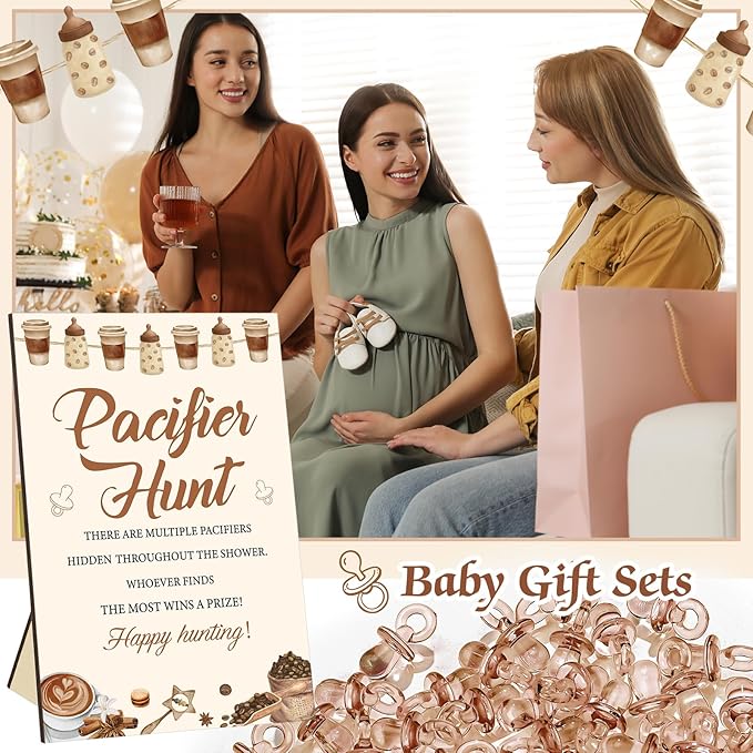 Thyle 51 Pcs A Baby Is Brewing Decorations Pacifier Hunt Coffee Theme Baby Shower Include Coffee Hunt Sign and 50 Acrylic Pacifiers Games Gender Reveal Party Supplies