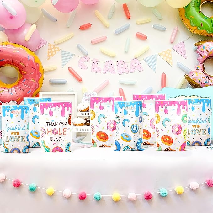 G1ngtar 100Pcs Donut Party Favor Bags - Sweet Doughnut Goodie Candy Treat Gifts Waterproof Plastic Bags for Kids Birthday Party Decoration Supplies