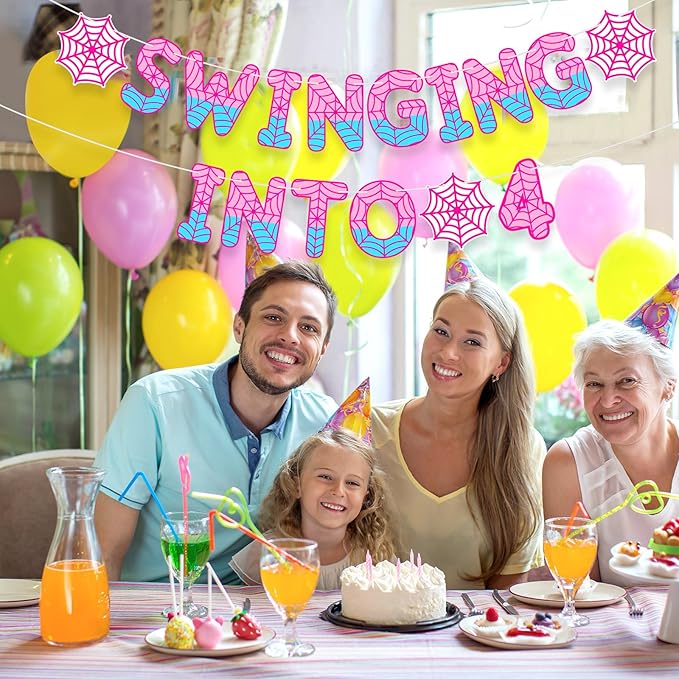 TaoBary Spider Theme 4th Birthday Banner, Pre-strung Swinging into 4 Banner, Spider 4th Birthday Decorations Party Supplies for Kids, Fourth Decor for 4 Year Old Boys Girls (Pink and Blue)