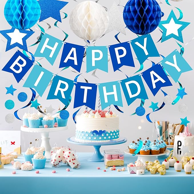 Birthday Decorations, Happy Birthday Banner with Honeycomb Balls, Swirls Set Happy Birthday Decorations Sign for Men Women Boys Girls Birthday Party Supplies Kit for Indoor Outdoor
