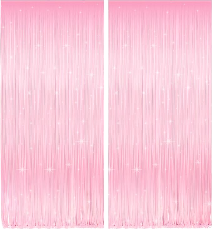 Pastel Pink Tinsel Curtain Backdrop, 3.28 x 8ft Extra Long Macaron Pink Foil Fringe Curtain with Extra Backup Tape, Party Decoration for Easter, Birthday & Photo Booth, 2 Pack