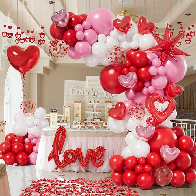 Bonropin 156pcs Valentines Day Balloon Arch Garland Kit with Pink White Red Confetti Heart Balloons Love Foil Balloons Explosion Star Balloons Rose Petals for Anniversary Wedding Romantic Decorations