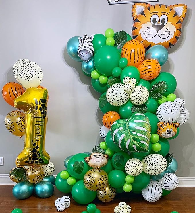 Green Balloons - 80 Pcs, 12 Inch Different Shades Lime Green, Chrome Metallic, Latex Balloons with Confetti for Jungle Safari, Forest Themed Birthday Party Decoration