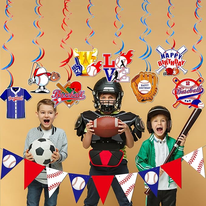 Happy Birthday Banner for Baseball Birthday Decorations Sports Theme Birthday Party Decorations and Baseball Hanging Swirls for Baseball Party Decorations