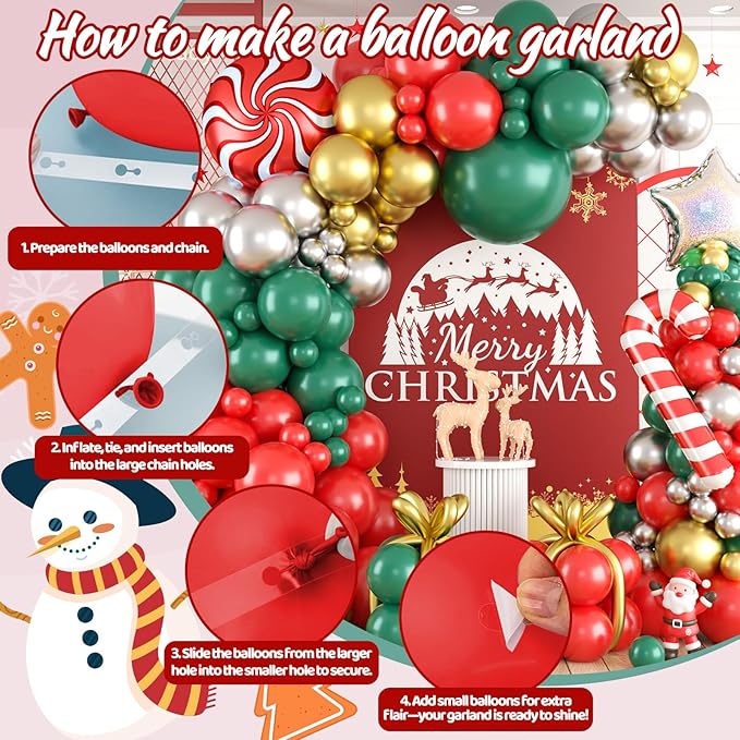 Christmas Balloon Arch, Red Green Gold Balloon Garland, Metallic Silver Red Candy Canes Sweet Candy Iridescent Star long Balloons For Christmas Theme Party Celebration Birthday Baby Shower Wedding