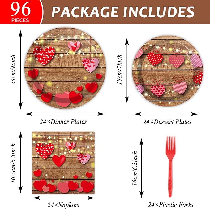chiazllta 96 Pcs Valentine's Day Party Paper Plate and Napkins Valentine Party Heart Disposable Tableware Paper Dinnerware Valentines Party Decorations for Party Favors 24 Guests